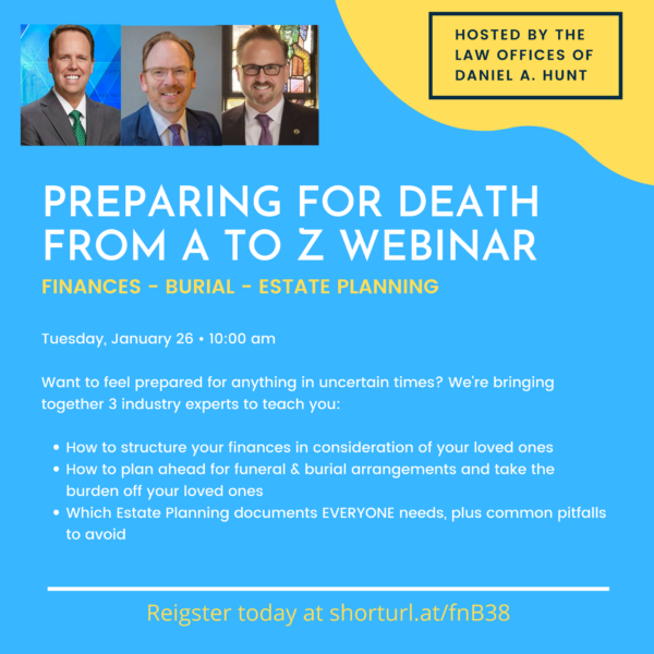 An event graphic for "Preparing for Death from A to Z Webinar"